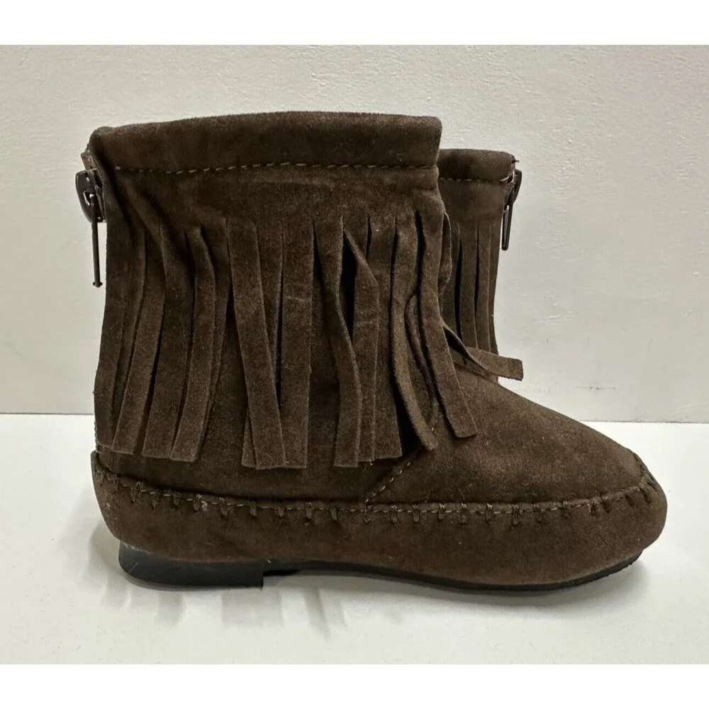 The Doll Maker girl toddler sz 5 fringe brown faux suede zipper flat ankle boots